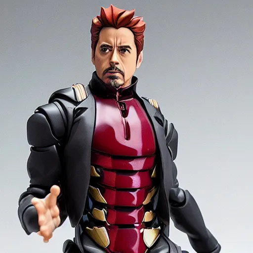 Image similar to robert downey junior as an anime statue, posable pvc figurine