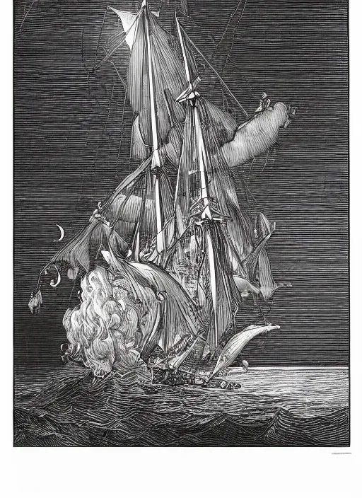 Image similar to realistic galleon on the high seas big waves moonlight, art by james o barr and albrecht durer and gustave dore, woodblock print, steel engraving, black and white, vector, vector art