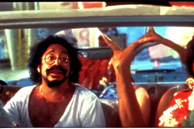 Prompt: cheech and chong in fear and loathing in las vegas movie, everyone is on psychedelic drugs, cinematic still, movie still, long lens, shallow depth of field, bokeh, anamorphic lens flare, 8 k