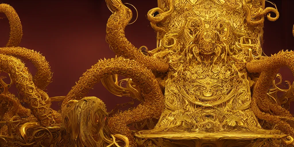 Prompt: a photo of 8k ultra realistic corrupted lovecraftian golden queen on her oversized throne, 8 intricate white and gold tentacles, ornate, cinematic lighting, trending on artstation, 4k, hyperrealistic, focused, extreme details, unreal engine 5, cinematic, masterpiece