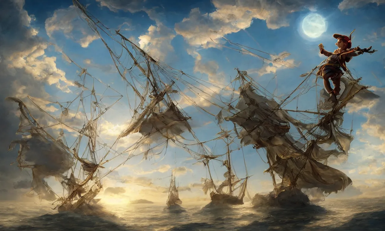 Image similar to a beautiful digital painting of peter pan sword fighting with hook, disney, a white caravel flying in the clouds, birds in the sunlight, numerous golden ropes and intricated sails, blue sky at sunset, elegant, highly detailed, artstation, concept art, matte, sharp focus, art by tom bagshaw, kelogsloops and greg rutkowski