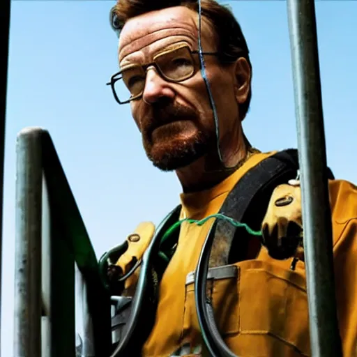 Prompt: Bryan Cranston as Gordon Freeman, film still from Half-Life movie, full body, centered, detailed, 4k