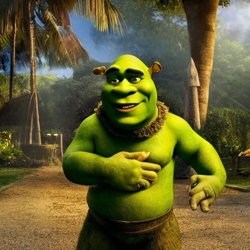 Prompt: Shrek as the superintendent in Death in Paradise (TV series)