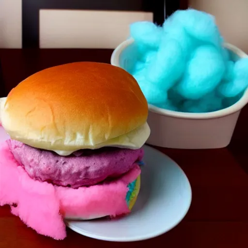 Image similar to a cotton candy burger. cyan and pink.