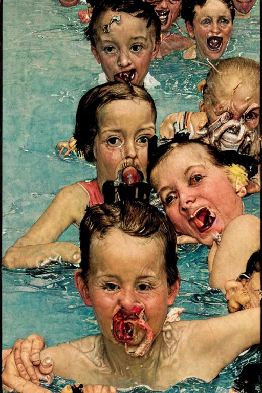 Image similar to summer swimming party, body horror, Norman Rockwell