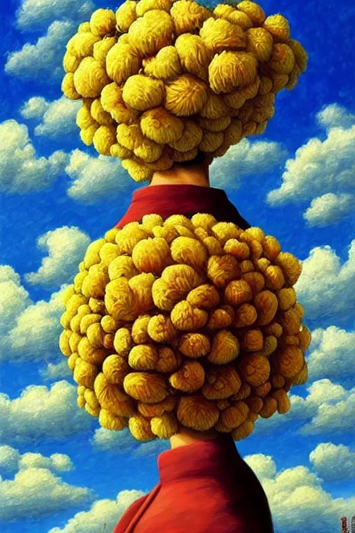 Image similar to closeup, giant flower head, woman in suit, clouds in sky, surreal, impressionist painting, digital painting, artstation, rob gonsalves