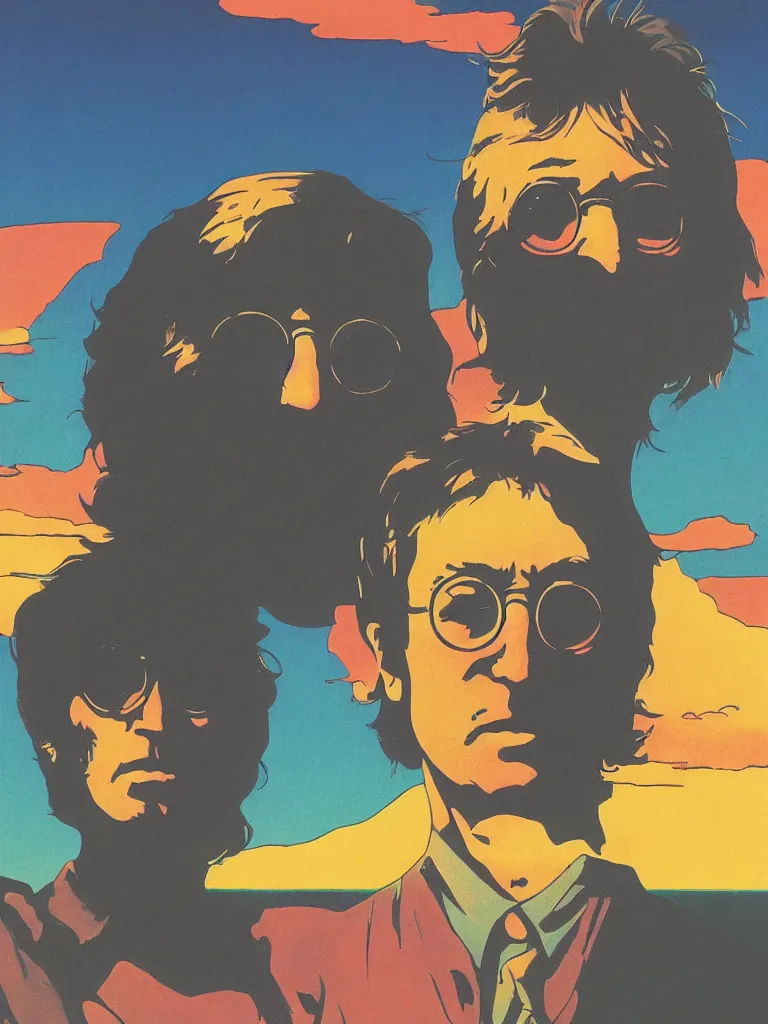 Prompt: a closeup portrait of john lennon next to a ufo, taking mind altering drugs, a blotter paper of lsd acid and dreaming psychedelic hallucinations in a vast desert landscape, by kawase hasui, moebius, edward hopper, colorful flat surreal design, dramatic lighting, hd, 8 k, artstation