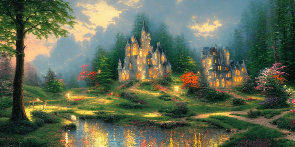 Prompt: thomas kinkade painting of a castle in the woods with lit windows