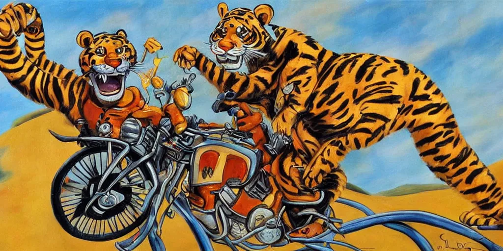 Image similar to tony the tiger riding a motorcycle, highly detailed fur, painted by salidor dali