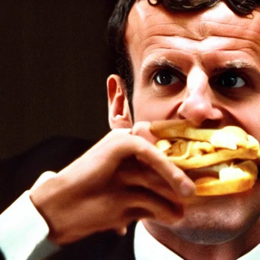 Image similar to Emmanuel Macron eating humans in American Psycho (1999)