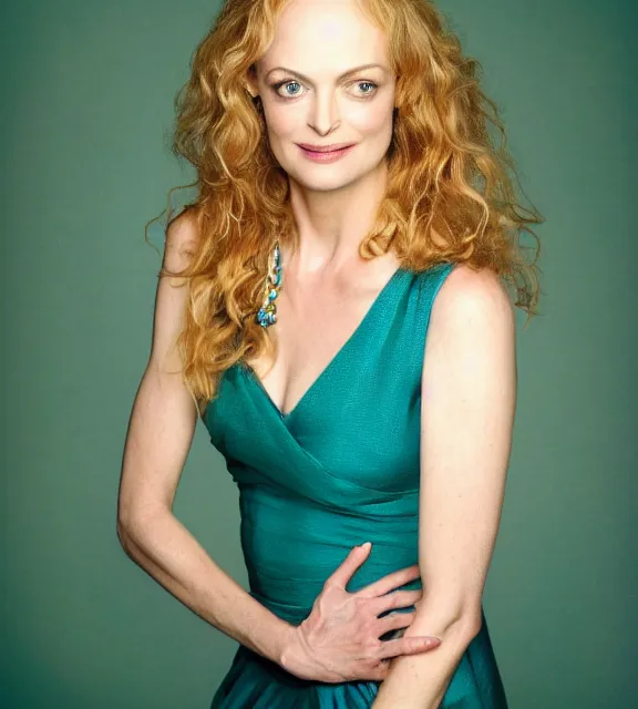 Image similar to beautiful portrait photo of Heather Graham, slight smile, photo by Annie Leibovitz, 85mm, teal studio backdrop, Getty images