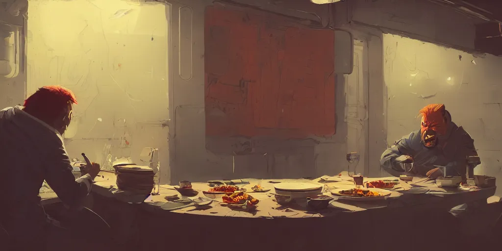 Prompt: cartoonish van morrison eating dinner, vivid colors, character sheet, fine details, concept design, contrast, kim jung gi, greg rutkowski, enki bilal, trending on artstation, 8 k, full body, turnaround, front view, back view, ultra wide angle