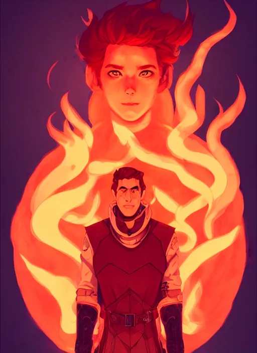 Prompt: style artgerm, joshua middleton, illustration, john krasinski as alchemist artificer wearing orange pelt light armor, anime eyes, red hair, swirling fire flames cosmos, fantasy, dnd, cinematic lighting