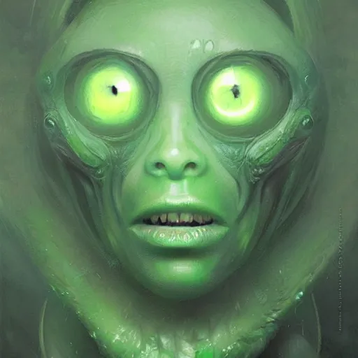 Prompt: portrait of green noise an amorphous blob, slimy alien creature witg hundreds of eyes painted by greg rutkowski, wlop,,