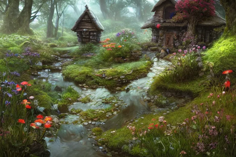 Prompt: wide angle view, a beautiful digital painting of a fairy house by a stream made of rocks and mushrooms, flowers, beautiful tranquil day, by greg rutkowski, brian froud, marc simonetti, jean - baptiste monge, and alphonse mucha, symmetry, complementary colors, ink illustration, trending on artstation