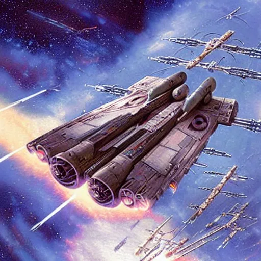 Prompt: an X-Wing entering hyperspace, art by Thomas Kinkade