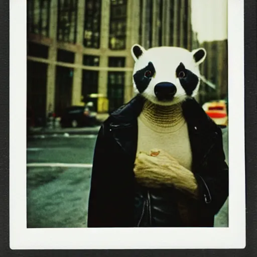 Image similar to 90s retro polaroid photo of a handsome old badger wearing a leather jacket on a gloomy day in the city, image artifacts