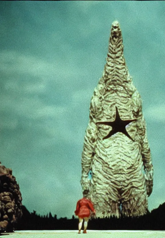 Image similar to Pulgasari the North Korean monster, volumetric lighting, filmstill, produced by Kim Jong-il, Kodachrome, kaiju-eiga, starfish monster movie, communist propaganda, film noir, 35mm film grain, Cooke Varotal 20-100mm T3.1