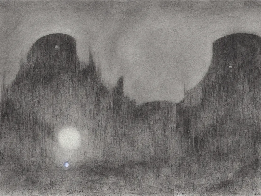 Prompt: Alien brutalist metropolis on the surface of the sun. Painting by Alfred Kubin, Roger Dean