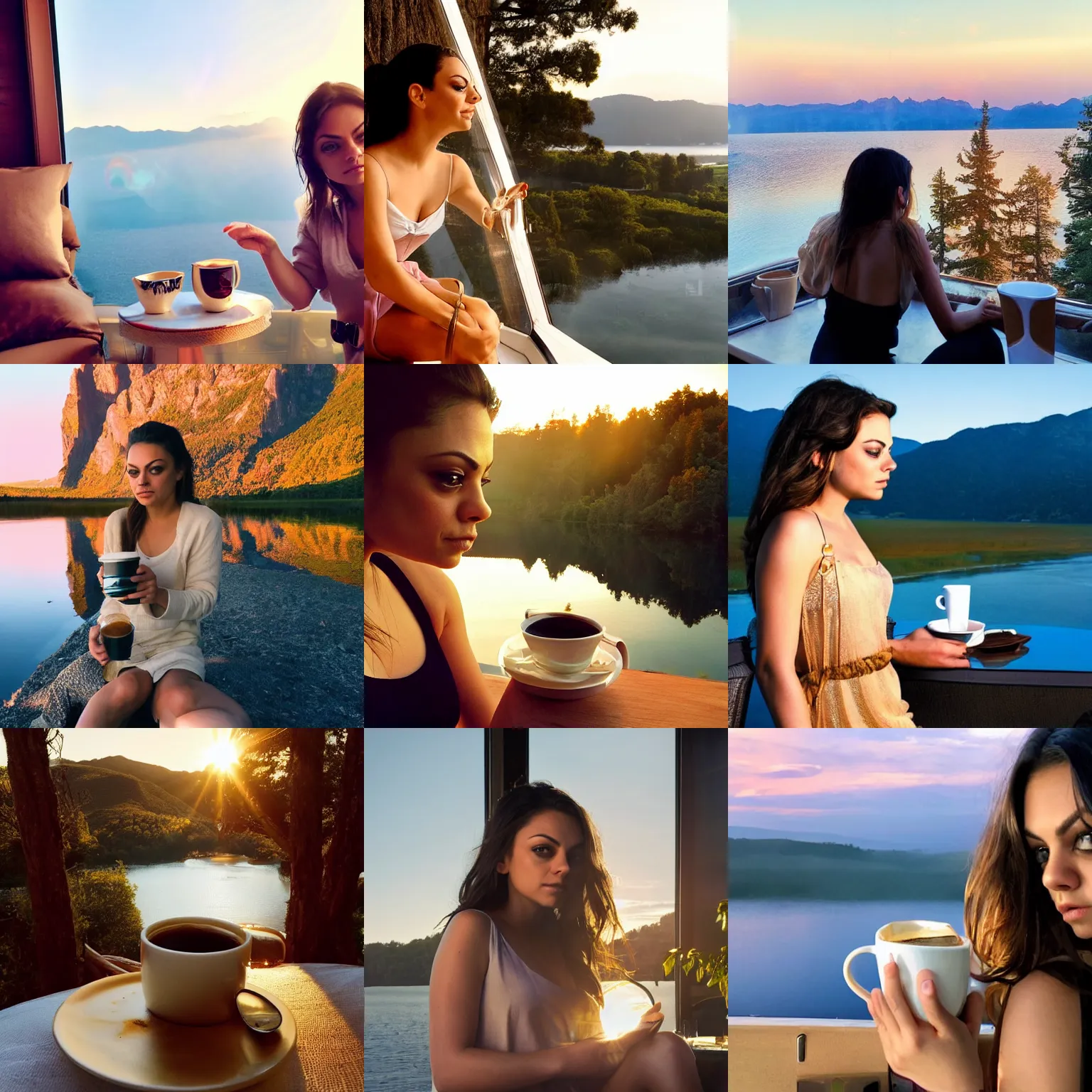 Prompt: dreamy mila kunis, golden hour, steaming coffee, lake view vista