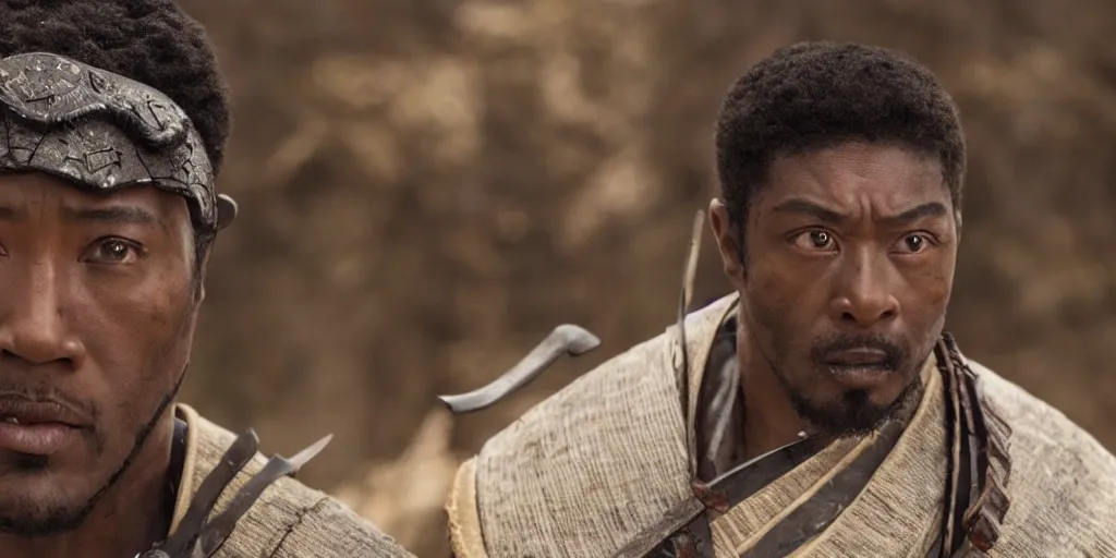 Image similar to a film still of a black man starring in a japanese blockbuster film as ancient samurai, intense, shallow depth of field, cinematic, award winning cgi, vfx, film still