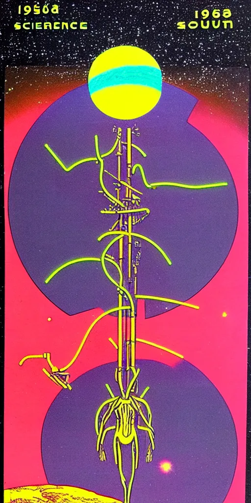 Image similar to 1968 science fiction tarot card, cut out collage, neon Roman, spring on Saturn, epic theater, deep sea, mountain plants, drawings in part by moebius, part by Ernst Haekl, text by William S Boroughs