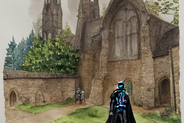 Prompt: a detailed watercolor painting of darth vader leaving a medieval church in a quaint english village, landscape, trees