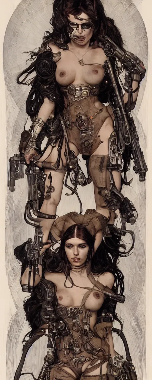 Image similar to striking sensual industrial art nouveau style portrait of cristina franco as a cyberpunk heavy metal rebel soldier by travis charest, simon bisley and alphonse mucha, photorealism, extremely hyperdetailed, perfect symmetrical facial features, perfect anatomy, ornate declotage, weapon, latex, excited expression, wild eyes