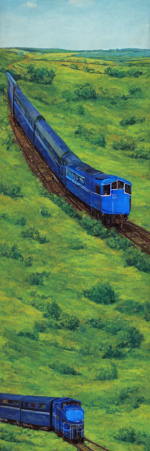 Prompt: blue and green train in the country, vintege poster,