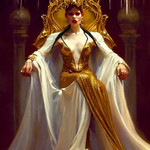 Image similar to perfectly centered portrait of beautiful vampire queen in gold gothic robe sitting on a throne of white bones, painting by gaston bussiere, craig mullins, j. c. leyendecker, 8 k, mid shot