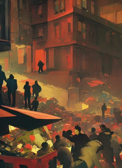 Prompt: crowd dancing in a pile of garbage, snowing night by Edward Hopper and James Gilleard, Zdzislaw Beksinski, Katsuhuro Otomo highly detailed