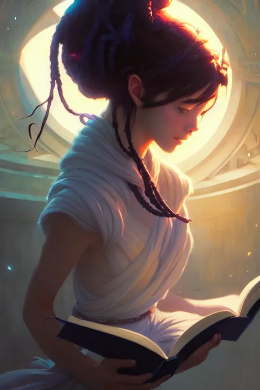 Image similar to highly detailed portrait of beautiful girl reading a book in avatar, dynamic pose, stephen bliss, unreal engine, fantasy art by greg rutkowski, loish, rhads, ferdinand knab, makoto shinkai and lois van baarle, ilya kuvshinov, rossdraws, tom bagshaw, global illumination, radiant light, detailed and intricate environment