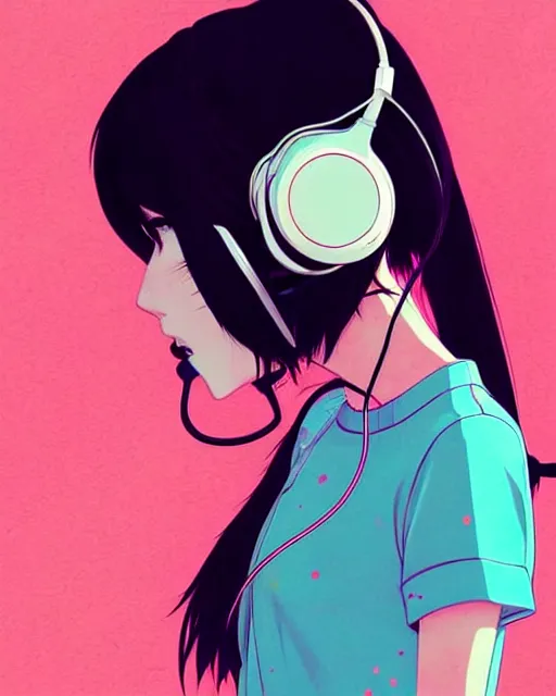 Image similar to girl wearing headphones, city background, very anime!!! anime!! intricate details, aesthetically pleasing pastel colors, poster background, art by conrad roset and ilya kuvshinov