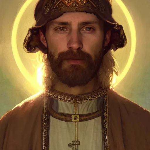 Prompt: portrait of a medieval peasant with a divine halo looking above, in a field, intricate, headshot, highly detailed, digital painting, artstation, concept art, sharp focus, cinematic lighting, illustration, art by artgerm and greg rutkowski, alphonse mucha, cgsociety