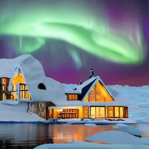 Prompt: treehouse style mansion built in the arctic on an iceberg with view of the northern lights over the ocean detailed luminescent oil painting 4 k