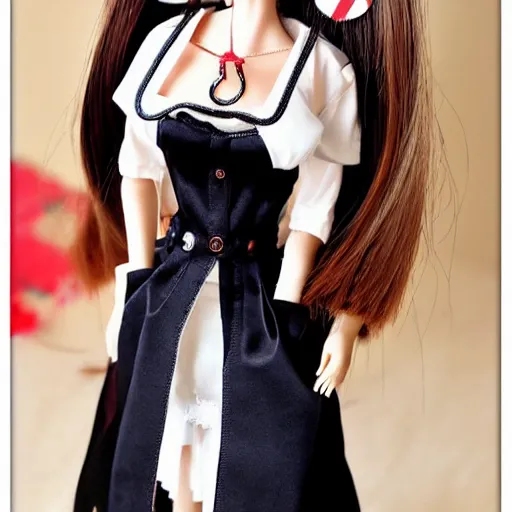 Image similar to anime barbie doll, nurse costume, full length, high heels, lace, stockings, rim of leather hare ears on the head, detail, full nd