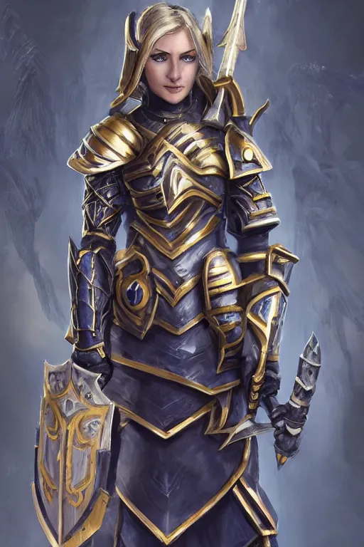 Prompt: gorgeous female Paladin, beautiful detailed face, blue eyes, mace and shield, dark golden hair, ornamental, no helmet, White and Black, symmetry armor, crusade, ready to fight, trending on Artstation artstationHD, artstationHQ, cgsociety, danbooru, extremely detailed, epic fantasy, matte painting, important: No extra limbs, chiaroscuro