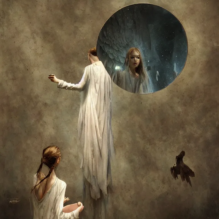 Image similar to angel watching mirror, 3 d render, esao andrews, surrealism, greg rutkowski