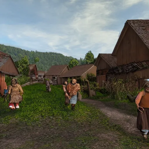 Image similar to A busy village with working peasants, Realistic, HDR, Clear Image, HDD, Dynamic lighting,