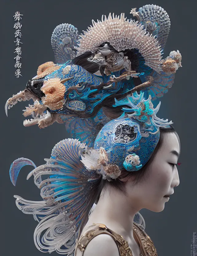 Image similar to 3 d goddess bottom - up with ram skull. beautiful intricately detailed japanese crow kitsune mask and clasical japanese kimono. betta fish, jellyfish phoenix, bio luminescent, plasma, ice, water, wind, creature, artwork by tooth wu and wlop and beeple and greg rutkowski