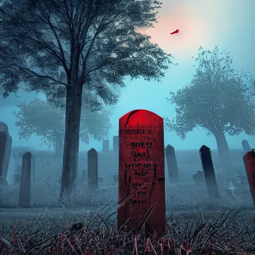 Image similar to red, red sky, depth, creepy, eyes, graveyard, death, dead, red eyes, 8k, hyperrealistic, depth, vray, high resoulution, eathly