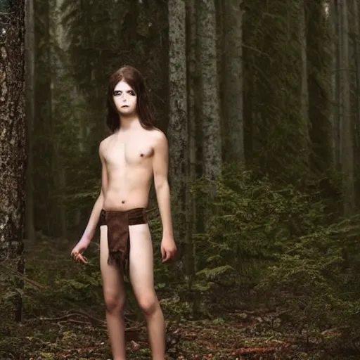 Image similar to a teenage boy, around 1 9 yo. natural brown hair. loincloth, pale skin. realistic face. ominous and eerie looking forest i'm background. natural colors.