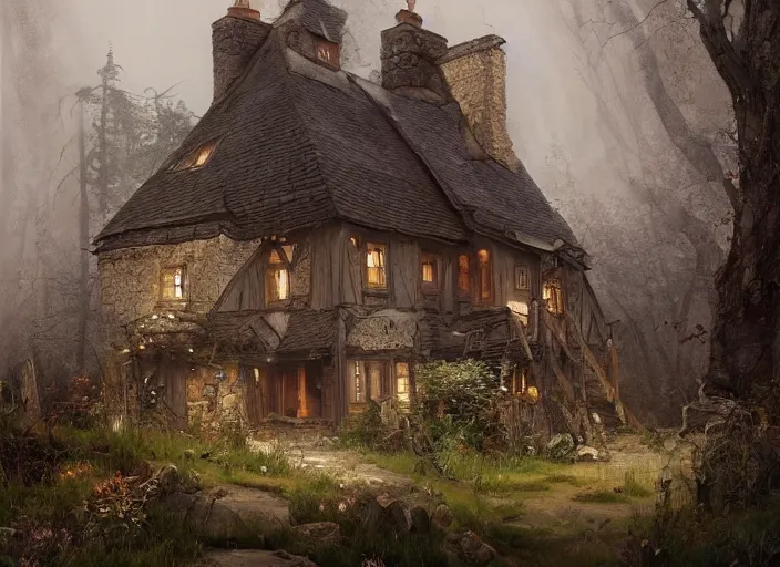 Image similar to The cottage of a witch, a fantasy digital painting by Greg Rutkowski and James Gurney, trending on Artstation, highly detailed