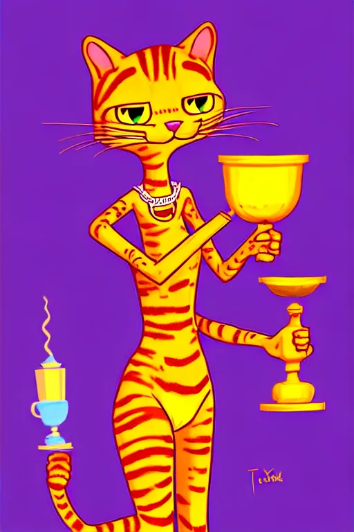 Image similar to fullbody!! personification of garfield the cat garfield goddess holding a blood chalice, stunning, cat face, professional character concept art by tatyana kupriyanova