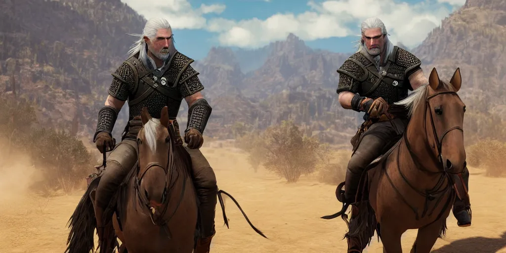 Prompt: geralt from rivia riding on a horse in wild west with hat and revolver