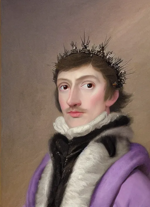 Image similar to close-up portrait of anthropomorphic owl Prince, man with a head of barn owl, glowing eyes, in a crown, soft glowing, wearing long royal robe, lilac, silver, black, bokeh, blurred space, stars, dreamy, romantic, painting in the museum, highly detailed, sharp focus, digital painting, artwork, by John James Audubon by Victor Adame Minguez by Yuumei by Tom Lovell by Sandro Botticelli