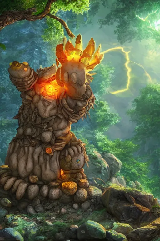 Image similar to arcane fantasy art giant golem elemental wood rock bastion forged gemstone enchanted forest troll, global illumination ray tracing hdr fanart arstation by sung choi and eric pfeiffer and gabriel garza and casper konefal lisa frank zbrush central hardmesh radiating a glowing aura