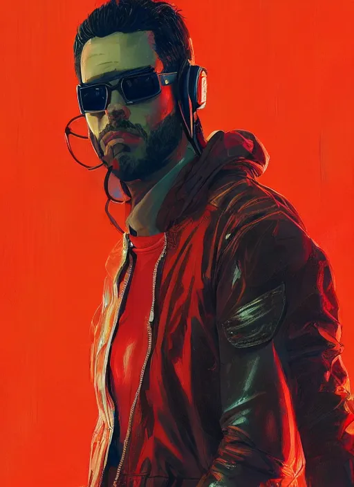 Image similar to cyberpunk character wearing jumpsuit and red jacket and cyberpunk headset. ( blade runner 2 0 4 9, dystopian, cyberpunk 2 0 7 7 character design ). attractive face. portrait by james gurney and laurie greasley, oil on canvas. cinematic, hyper realism, realistic proportions, full view, dramatic lighting, high detail 4 k