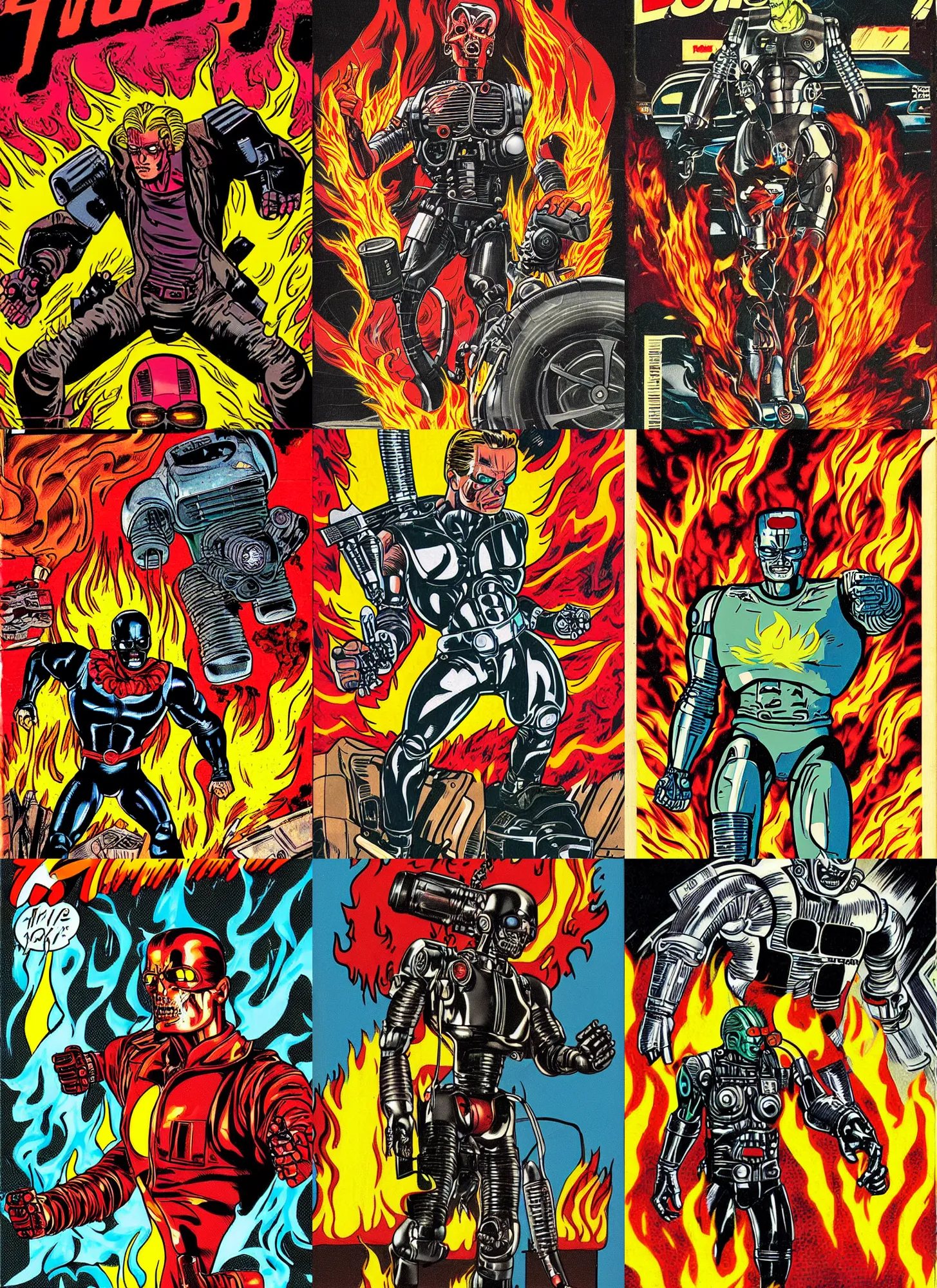 Prompt: retro comic book cover of the terminator android surrounded by flames by gabz