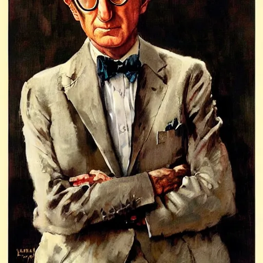 Image similar to “portrait of Woody Allen as James Bond, by Norman Rockwell”